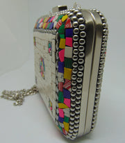 Clutch White & Multi Mosaic Metal Women Purse