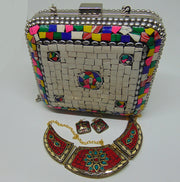 Clutch White & Multi Mosaic Metal Women Purse