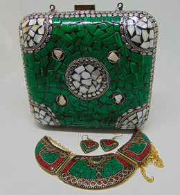 Clutch Green color Mosaic Metal Women Purse