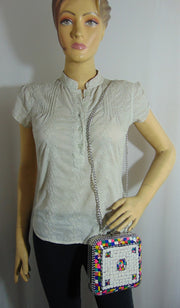 Clutch White & Multi Mosaic Metal Women Purse