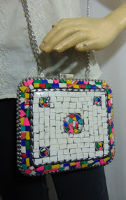 Clutch White & Multi Mosaic Metal Women Purse