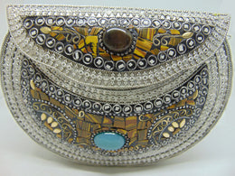 Stone Studded Vintage brass metal mosaic clutch