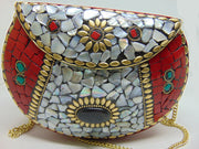 Silver & Red Multicolor Mosaic Clutch Bag