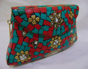 BAG CLUTCH BOX METAL PURSE EVENING HANDBAG WALLET BRIDAL PARTY VINTAGE BAGS GOLD STONE MOSAIC WOMENS CHAIN ETHNIC