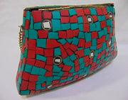 BAG CLUTCH BOX METAL PURSE EVENING HANDBAG WALLET BRIDAL PARTY VINTAGE BAGS GOLD STONE MOSAIC WOMENS CHAIN ETHNIC