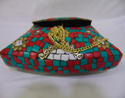 BAG CLUTCH BOX METAL PURSE EVENING HANDBAG WALLET BRIDAL PARTY VINTAGE BAGS GOLD STONE MOSAIC WOMENS CHAIN ETHNIC