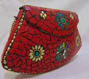 BAG CLUTCH BOX METAL PURSE EVENING HANDBAG WALLET BRIDAL PARTY VINTAGE BAGS GOLD STONE MOSAIC WOMENS CHAIN ETHNIC