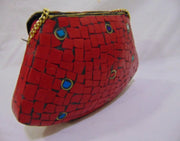BAG CLUTCH BOX METAL PURSE EVENING HANDBAG WALLET BRIDAL PARTY VINTAGE BAGS GOLD STONE MOSAIC WOMENS CHAIN ETHNIC