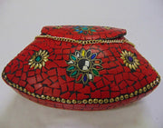 BAG CLUTCH BOX METAL PURSE EVENING HANDBAG WALLET BRIDAL PARTY VINTAGE BAGS GOLD STONE MOSAIC WOMENS CHAIN ETHNIC