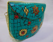 BAG CLUTCH BOX METAL PURSE EVENING HANDBAG WALLET BRIDAL PARTY VINTAGE BAGS GOLD STONE MOSAIC WOMENS CHAIN ETHNIC