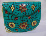BAG CLUTCH BOX METAL PURSE EVENING HANDBAG WALLET BRIDAL PARTY VINTAGE BAGS GOLD STONE MOSAIC WOMENS CHAIN ETHNIC