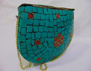 BAG CLUTCH BOX METAL PURSE EVENING HANDBAG WALLET BRIDAL PARTY VINTAGE BAGS GOLD STONE MOSAIC WOMENS CHAIN ETHNIC