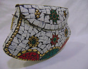BAG CLUTCH BOX METAL PURSE EVENING HANDBAG WALLET BRIDAL PARTY VINTAGE BAGS GOLD STONE MOSAIC WOMENS CHAIN ETHNIC
