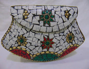 BAG CLUTCH BOX METAL PURSE EVENING HANDBAG WALLET BRIDAL PARTY VINTAGE BAGS GOLD STONE MOSAIC WOMENS CHAIN ETHNIC