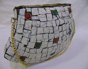 BAG CLUTCH BOX METAL PURSE EVENING HANDBAG WALLET BRIDAL PARTY VINTAGE BAGS GOLD STONE MOSAIC WOMENS CHAIN ETHNIC