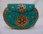 ETHNIC VINTAGE INDIAN MOSAIC METAL BAG CLUTCH BOX METAL PURSE EVENING HANDBAG WALLET