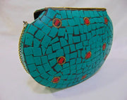ETHNIC VINTAGE INDIAN MOSAIC METAL BAG CLUTCH BOX METAL PURSE EVENING HANDBAG WALLET