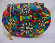 ETHNIC VINTAGE INDIAN MOSAIC METAL BAG CLUTCH BOX METAL PURSE EVENING HANDBAG WALLET