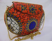 ETHNIC VINTAGE INDIAN MOSAIC METAL BAG CLUTCH BOX METAL PURSE EVENING HANDBAG WALLET
