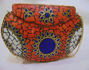 ETHNIC VINTAGE INDIAN MOSAIC METAL BAG CLUTCH BOX METAL PURSE EVENING HANDBAG WALLET