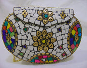 ETHNIC VINTAGE INDIAN MOSAIC METAL BAG CLUTCH BOX METAL PURSE EVENING HANDBAG WALLET