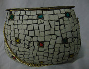 WHITE MOSAIC WOMENS CHAIN CLUTCH BOX BAG METAL PURSE EVENING HANDBAG WALLET