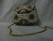 WHITE MOSAIC WOMENS CHAIN CLUTCH BOX BAG METAL PURSE EVENING HANDBAG WALLET