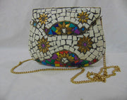 WHITE MOSAIC WOMENS CHAIN CLUTCH BOX BAG METAL PURSE EVENING HANDBAG WALLET