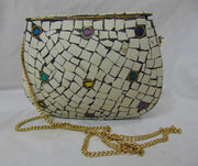 WHITE MOSAIC WOMENS CHAIN CLUTCH BOX BAG METAL PURSE EVENING HANDBAG WALLET