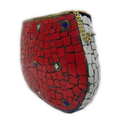 Red Mosaic Work Purse Metal Clutch Indian Handmade