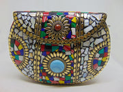 Silver & Multi mosaic Jewel stone Clutch Bag