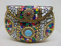 Silver & Multi mosaic Jewel stone Clutch Bag