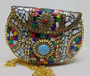 Silver & Multi mosaic Jewel stone Clutch Bag