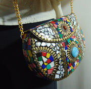 Silver & Multi mosaic Jewel stone Clutch Bag