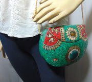 Green Mosiac clutch stone evening purse