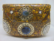 Yellow Mosaic Metal Clutch with stone