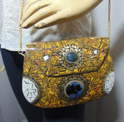 Yellow Mosaic Metal Clutch with stone