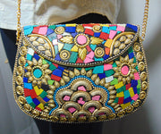 Multi color metal mosaic clutch Wallet purse party bag