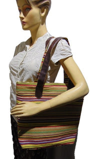 LEATHER HANDLE COTTON HANDLOOM LADIES BAG