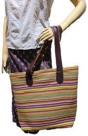 LEATHER HANDLE COTTON HANDLOOM LADIES BAG