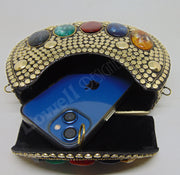 Multicolor Resin stone Siver Metal Clutch gold  Bag