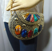 Multicolor Resin stone Siver Metal Clutch gold  Bag