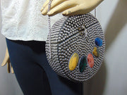 Multicolor Resin stone Siver Metal Clutch Round Bag