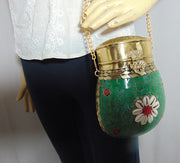 Green Mosaic brass metal frame box Clutch purse