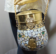 silver mop Mosaic brass metal frame box Clutch purse