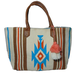 Leather handle whiteCotton Handloom Durries Bag