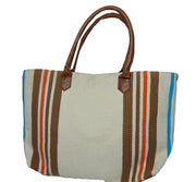 Leather handle whiteCotton Handloom Durries Bag