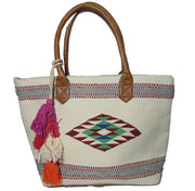 Leather white handle Cotton Hand-loom white Durries Bag