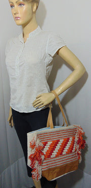 leather handle Cotton Hand-loom Durries Bag