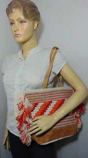leather handle Cotton Hand-loom Durries Bag